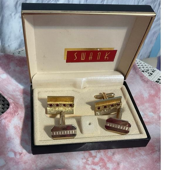 Vintage Cufflinks Swank Ruby & Gold / Solid Vintage 2 Pair - Picture 10 of 10